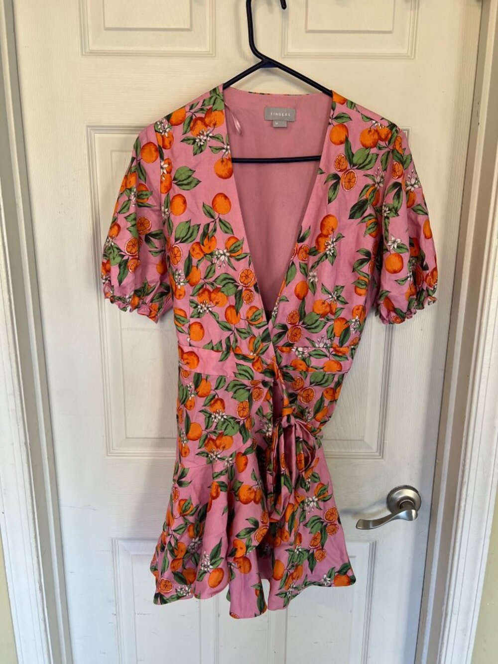 Finders Keepers Aranciata Orange Print Wrap Dress Mini Ruffle Puff Short Sleeve - Picture 2 of 11